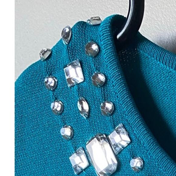 I.N. Studio Blue Bejeweled Beaded 3/4 Sleeved Knitted Blouse- Size Large - Picture 3 of 8